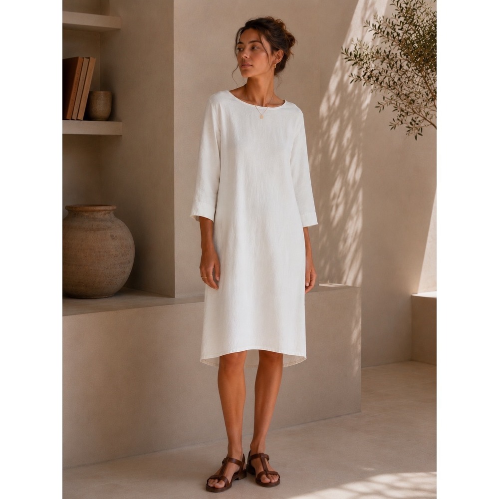 Elizabeth Suzann Parabola Dress Women XXS White 100% Linen hi-Low Midi Oversize